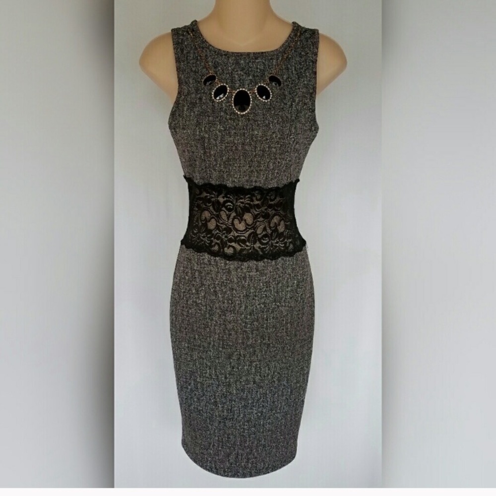 Kimcine Grey Tweed Bodycon Dress Size Small Black Lace Midriff